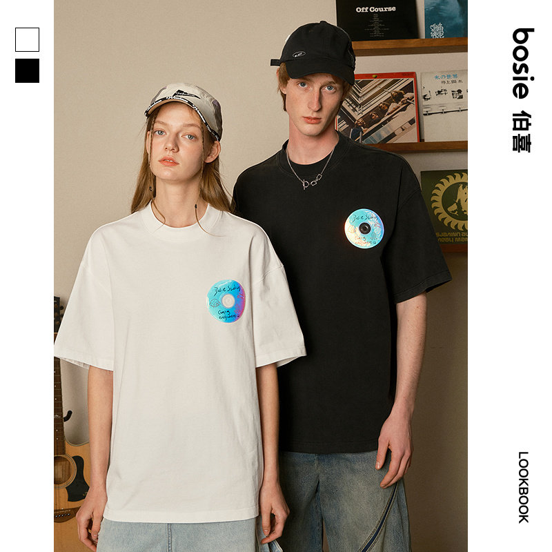 bosie伯喜重磅棉感光盘印花短袖T恤男女情侣夏季新款宽松百搭上衣