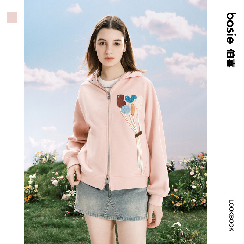 【商场同款】bosie2025年春季新款毛巾绣气球卫衣女韩系百搭上衣