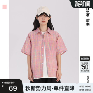 bosie25夏新款短袖日系复古格纹衬衫情侣男女学院风潮牌显瘦衬衣