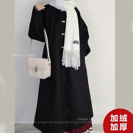 清仓~冬汉服圆领弓袋袖毛呢外套女加绒加厚中长款呢子大衣宽松