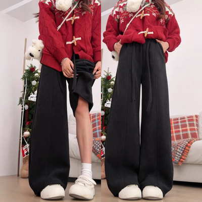 黑色灯芯绒裤子女冬季加绒加厚保暖棉裤外穿小个子休闲弯刀阔腿裤