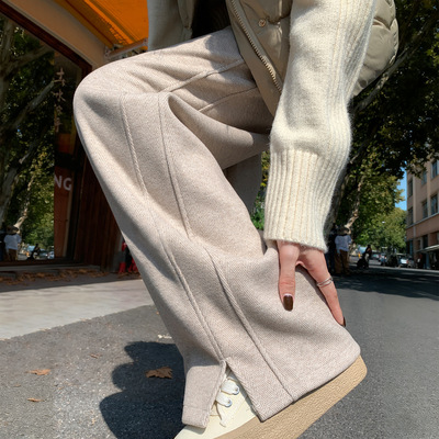 毛呢阔腿裤女2025新款秋冬窄版直筒小个子燕麦色加绒醋酸羊毛裤子