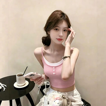 性感美背一体式假两件吊带背心内搭外穿修身复古显瘦辣妹打底上衣