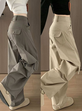 美式复古灰绿色弯刀工装裤女秋季2025新款高腰显瘦休闲伞兵阔腿裤