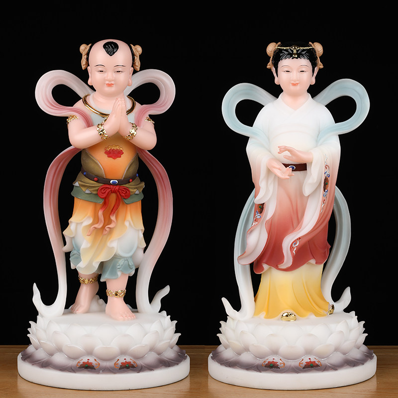 玉石金童玉女佛像家用佛堂供奉观音菩萨善财童子龙女像体真身摆件