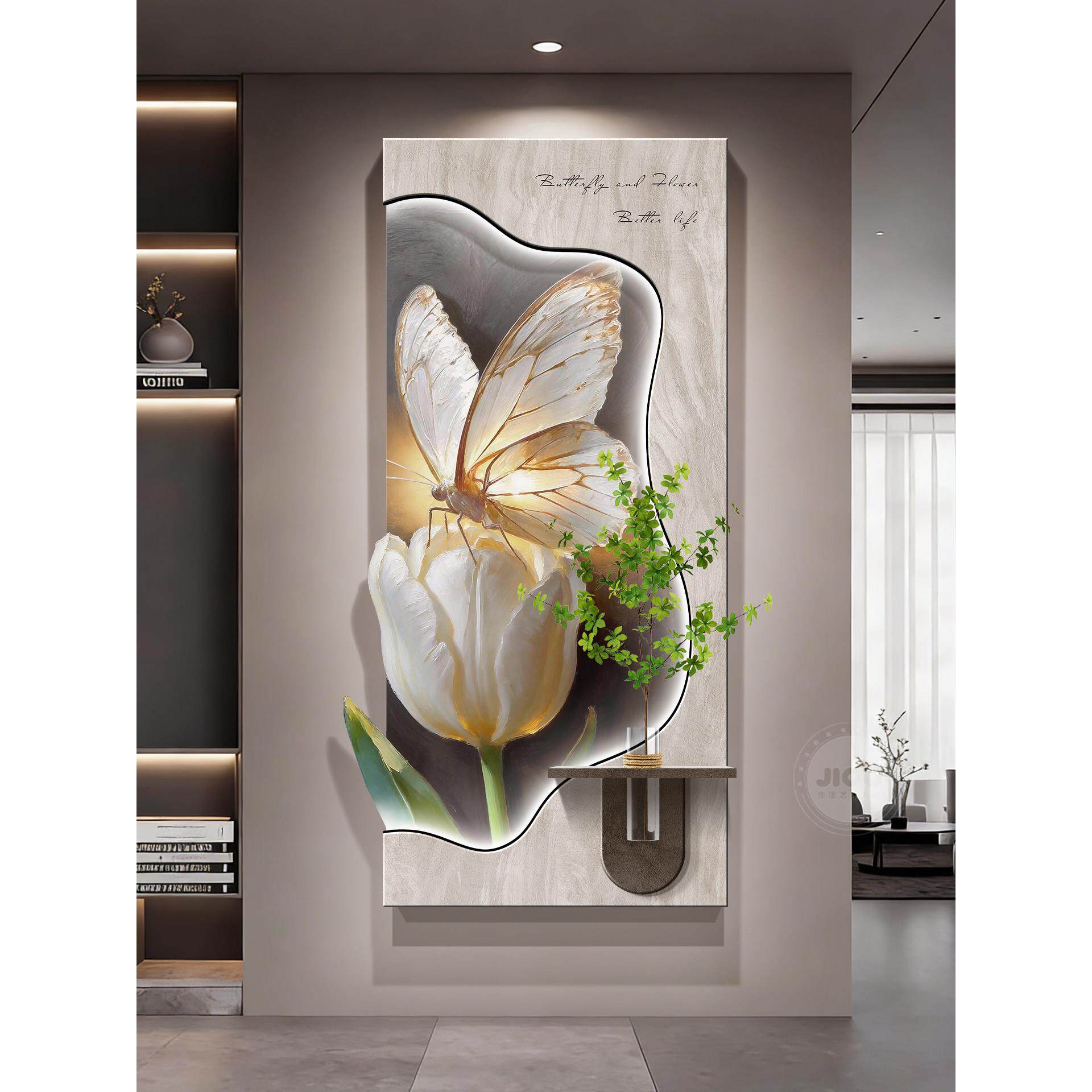 高级感蝴蝶入户玄关装饰画砂岩水培绿植走廊挂画带灯花卉立体壁画