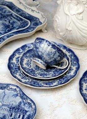 欧单蓝色城堡装饰观赏釉下彩咖啡杯碟下午茶甜点盘牛排盘汤盘餐盘