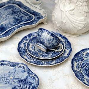 欧单蓝色城堡装饰观赏釉下彩咖啡杯碟下午茶甜点盘牛排盘汤盘餐盘