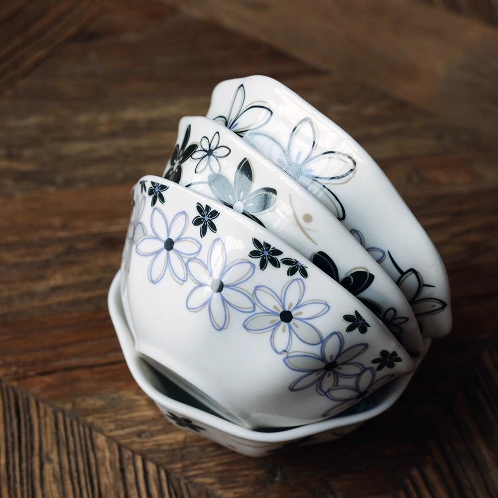 日本订单新骨瓷八角碗花卉日式简约小碗家用饭碗多款中式餐