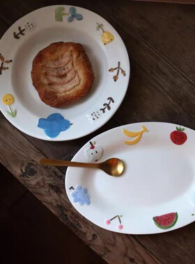 日本设计款沙点釉手作手绘立体花卉蓝鸟椭圆哑光盘/日式童话餐盘