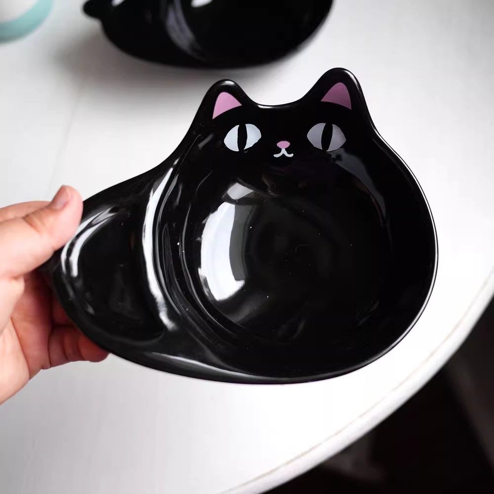 日本新骨瓷创意黑色猫咪手拿碗儿童手柄饭碗/黑猫造型餐碗蘸酱碗