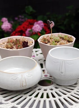 复古做旧美式设计款人脸佛系矮胖花器花瓶花盆多肉植物盆栽带孔