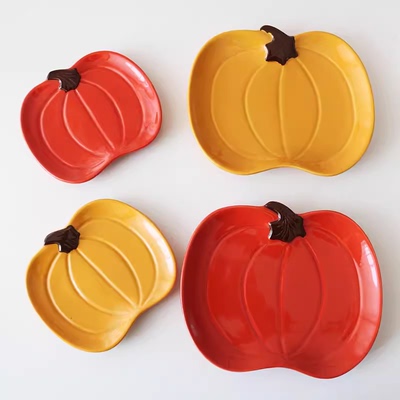 出口美国高温陶瓷釉下南瓜造型创意盘子/丰收季甜品家用餐盘