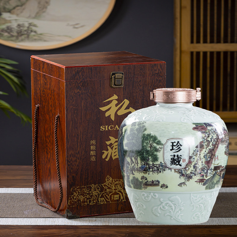 大口老式酒坛 5斤10斤清明上河图古风酒壶景德镇陶瓷酒瓶家用密封