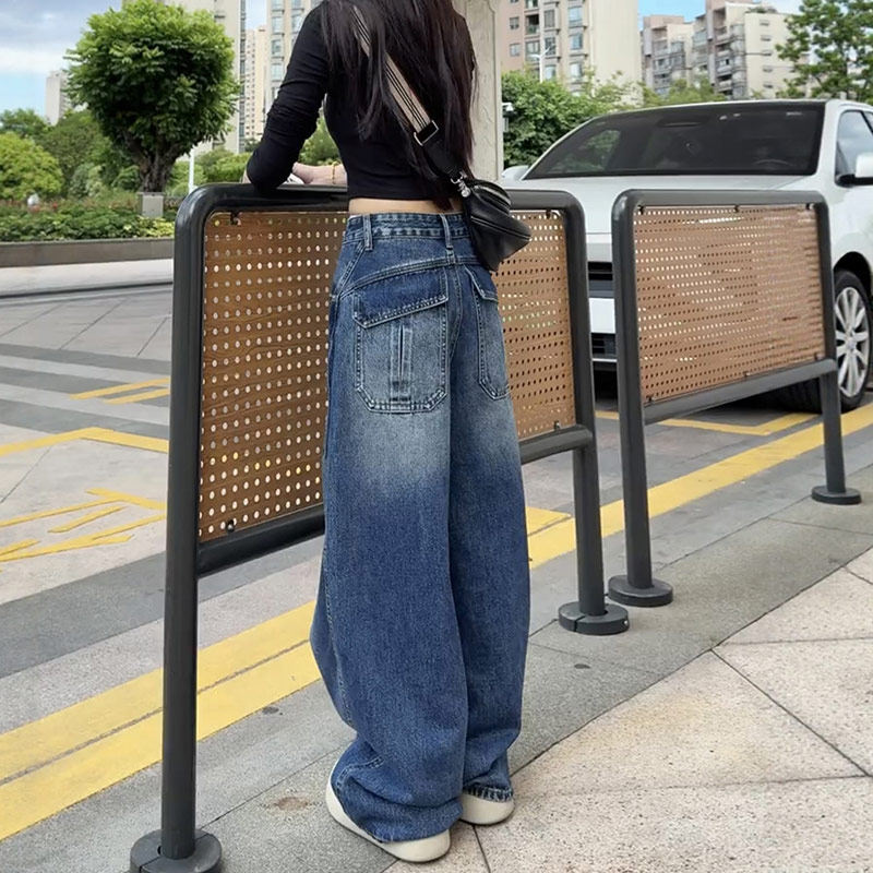 高腰直筒阔腿牛仔裤女春秋弯刀裤