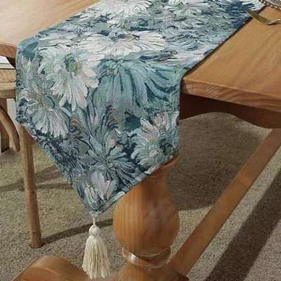 美式复古色织油画电视柜蓝色桌旗提花长条餐桌茶几装饰桌布床旗