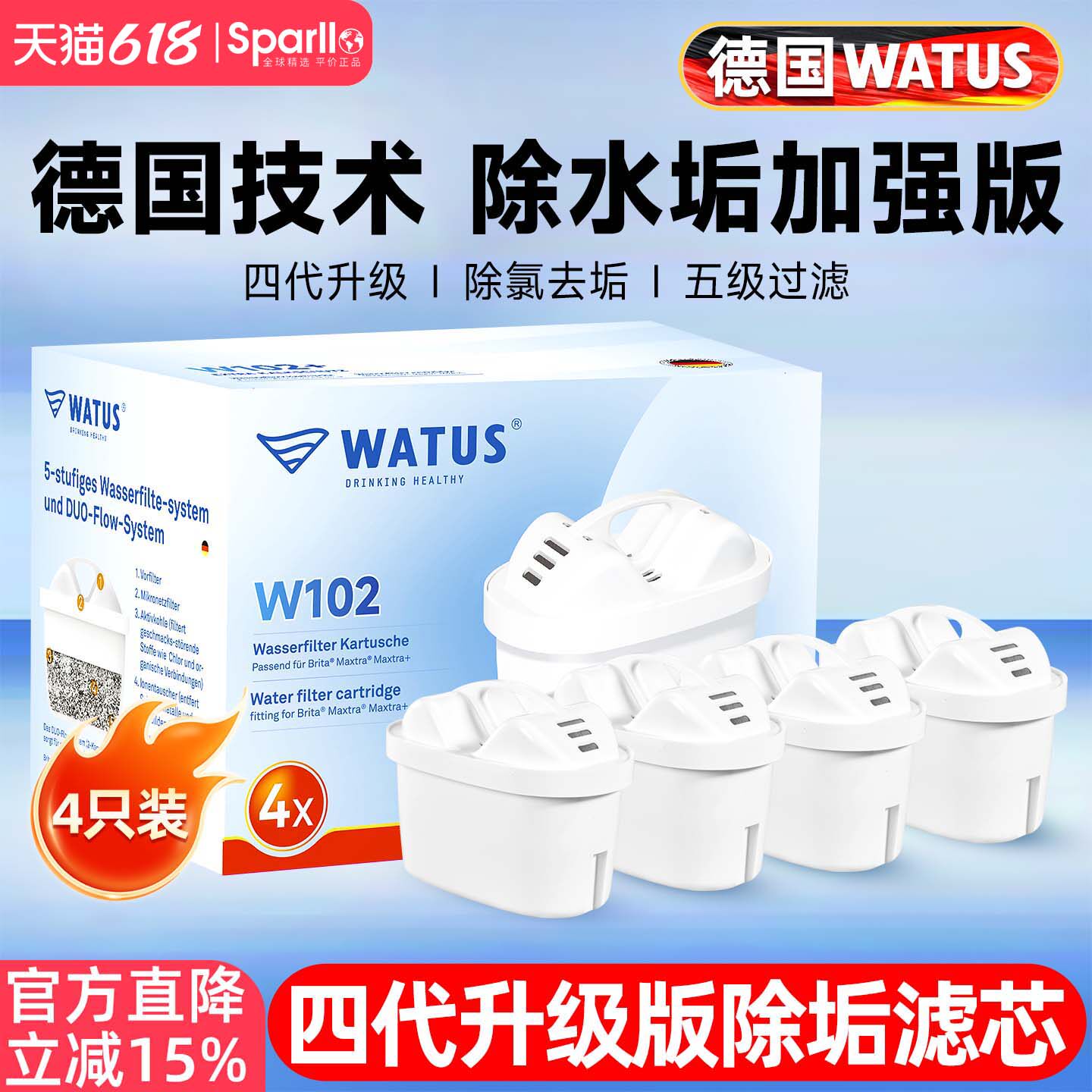 德国WATUS四代滤芯适用BRITA碧然德过滤水壶家用厨房自来水净水器