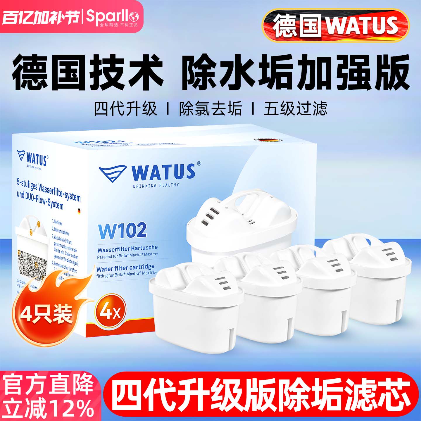德国WATUS四代滤芯适用BRITA碧然德过滤水壶家用厨房自来水净水器