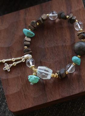 天然沉香莺歌绿奇楠随形搭配压电白水晶刻面随形白水晶珠菱镁矿莲