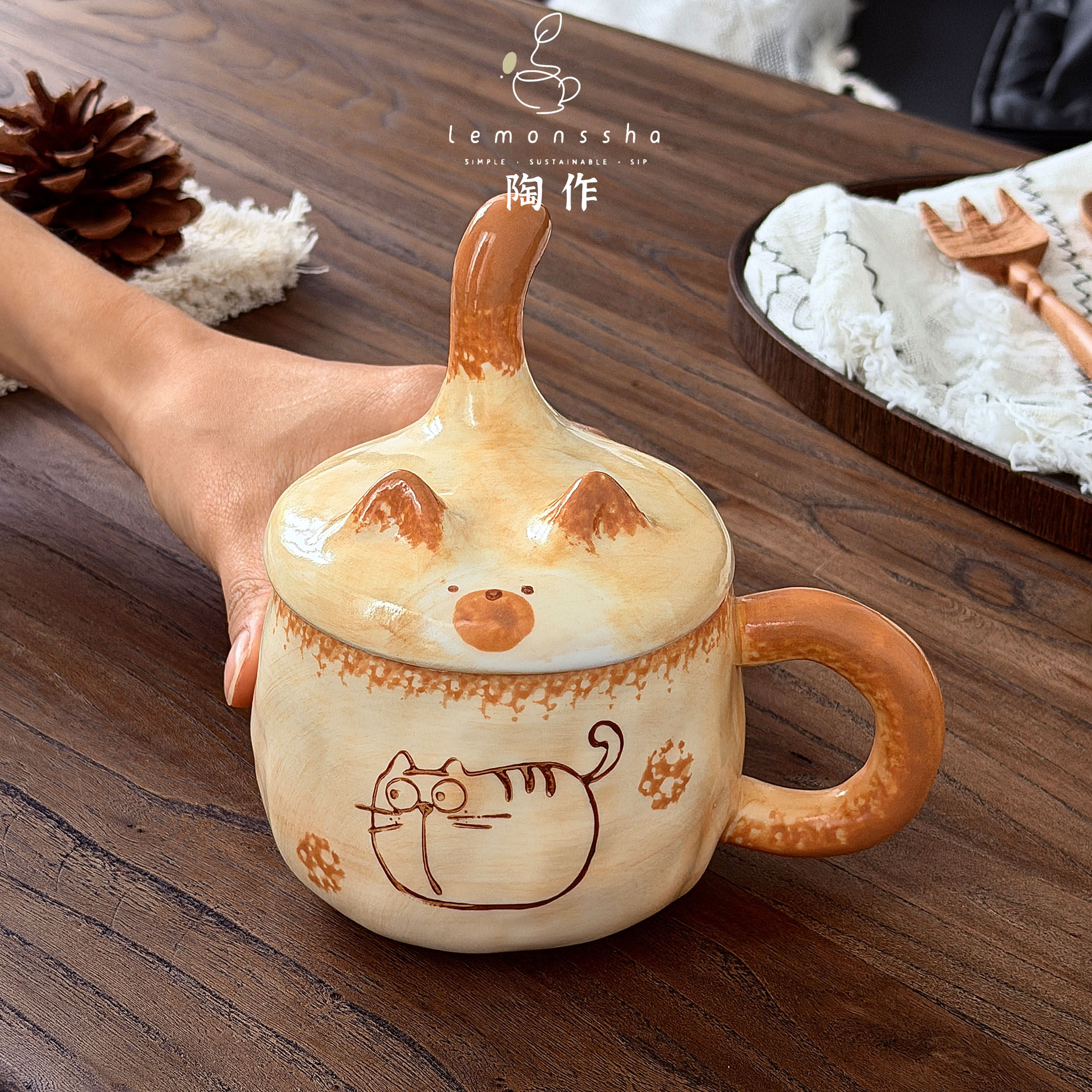 可爱焦黄呆萌猫咪马克杯