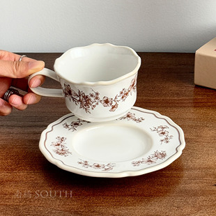South复古棕木槿咖啡杯碟陶瓷杯套装拉花拿铁杯下午茶杯小众礼物