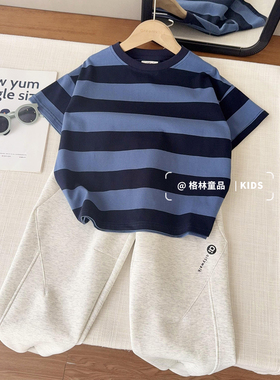 中大童条纹半袖色织宽条圆领舒适T恤男童夏款半袖25264