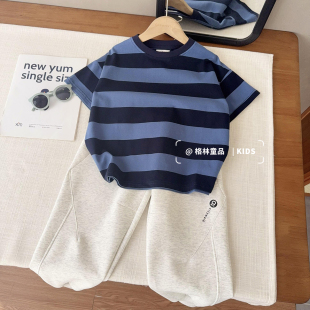 25264 半袖 中大童条纹半袖 色织宽条圆领舒适T恤男童夏款