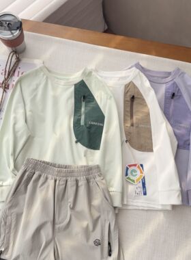 【户外宣纸速干T】中大童男女童拼口袋打底男女童速吸汗T26033