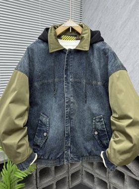 牛仔拼接假两件连帽羽绒服男冬季新款潮牌宽松痞帅抗寒白鸭绒外套
