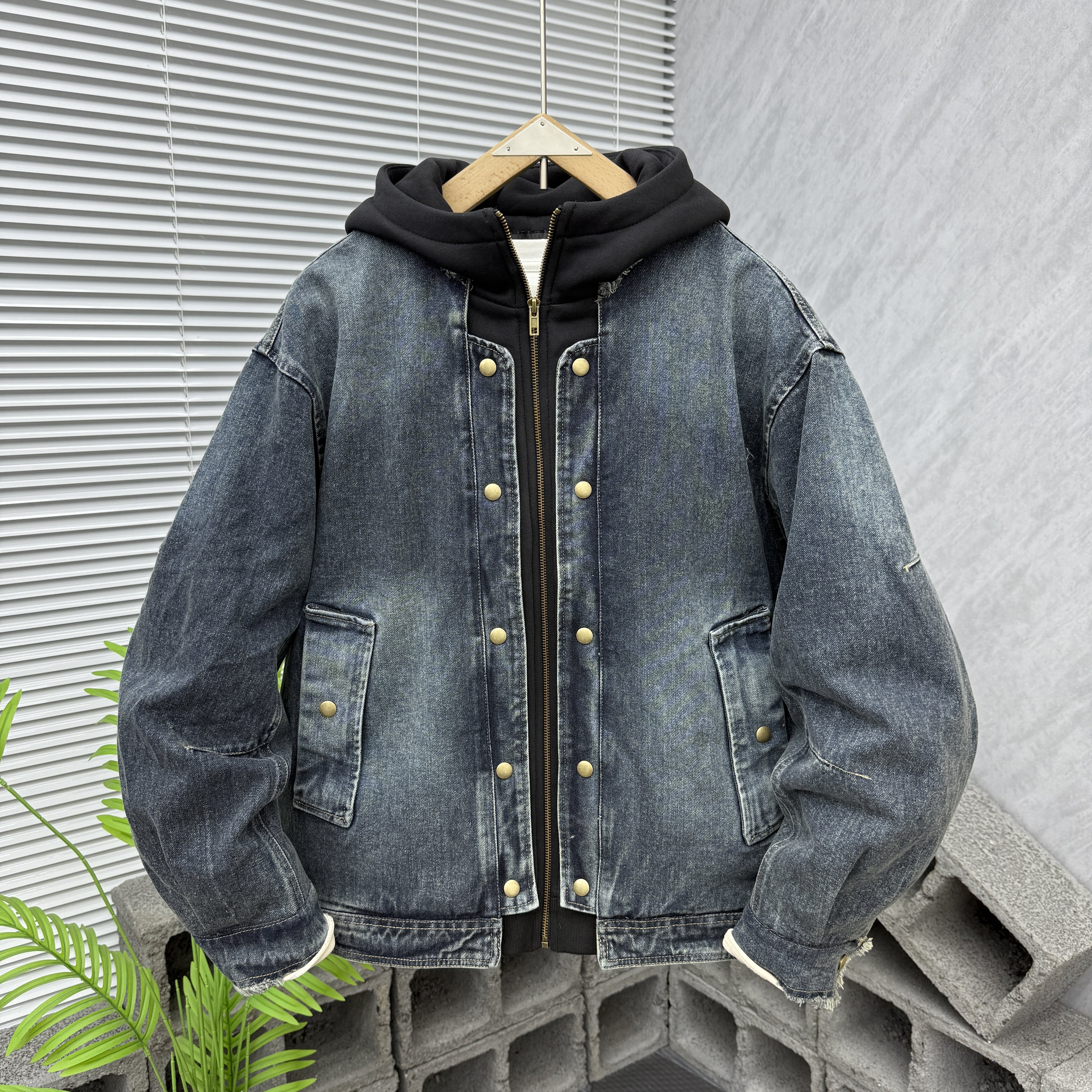 冬季新款假两件连帽羽绒服男潮牌痞帅防风抗寒白鸭绒牛仔外套夹克