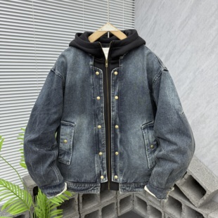 冬季新款假两件连帽羽绒服男潮牌痞帅防风抗寒白鸭绒牛仔外套夹克