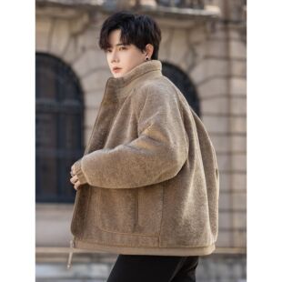 羊羔毛男士羽绒服秋冬季2025新款加厚摇粒绒夹克男装颗粒绒外套潮