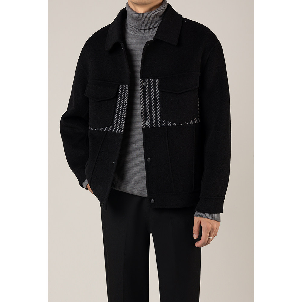 黑择明男士羊毛双面呢夹克2023秋冬季新款撞色拼接潮流设计感外套