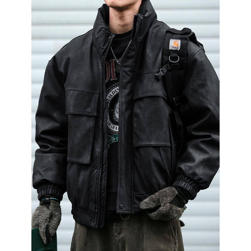 冬季新品高级感PU皮立领羽绒服男工装潮流帅气机车白鸭绒外套潮牌