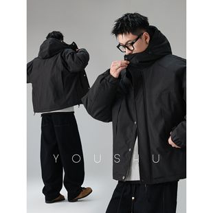 有术白鸭绒多口袋防风工装连帽羽绒服男冬季2025新款大码外套潮