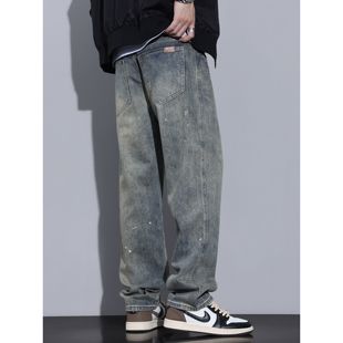 Kuvine秋冬季美式高街复古泼墨牛仔裤男款加绒宽松直筒阔腿长裤子