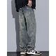 美式 高街复古泼墨牛仔裤 男款 Kuvine秋冬季 加绒宽松直筒阔腿长裤 子