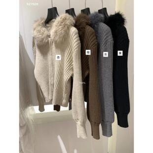 Hers 毛衣女复古毛毛领秋冬保暖外套 十三行大毛领双拉链针织开衫