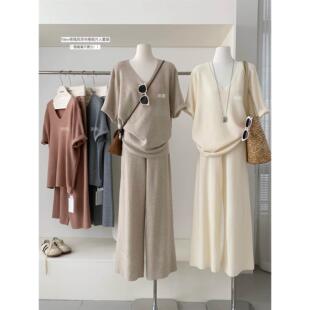 十三行法式慵懒风v领华夫格短袖针织衫+阔腿裤两件套装女新款春夏