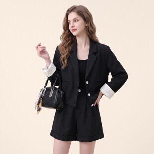 简约时尚黑白撞色小西装外套短裤套装女2026秋季新款新款两件套