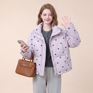 韩版爱心印花短款立领羽绒服女冬季新款宽松加厚保暖面包服外套