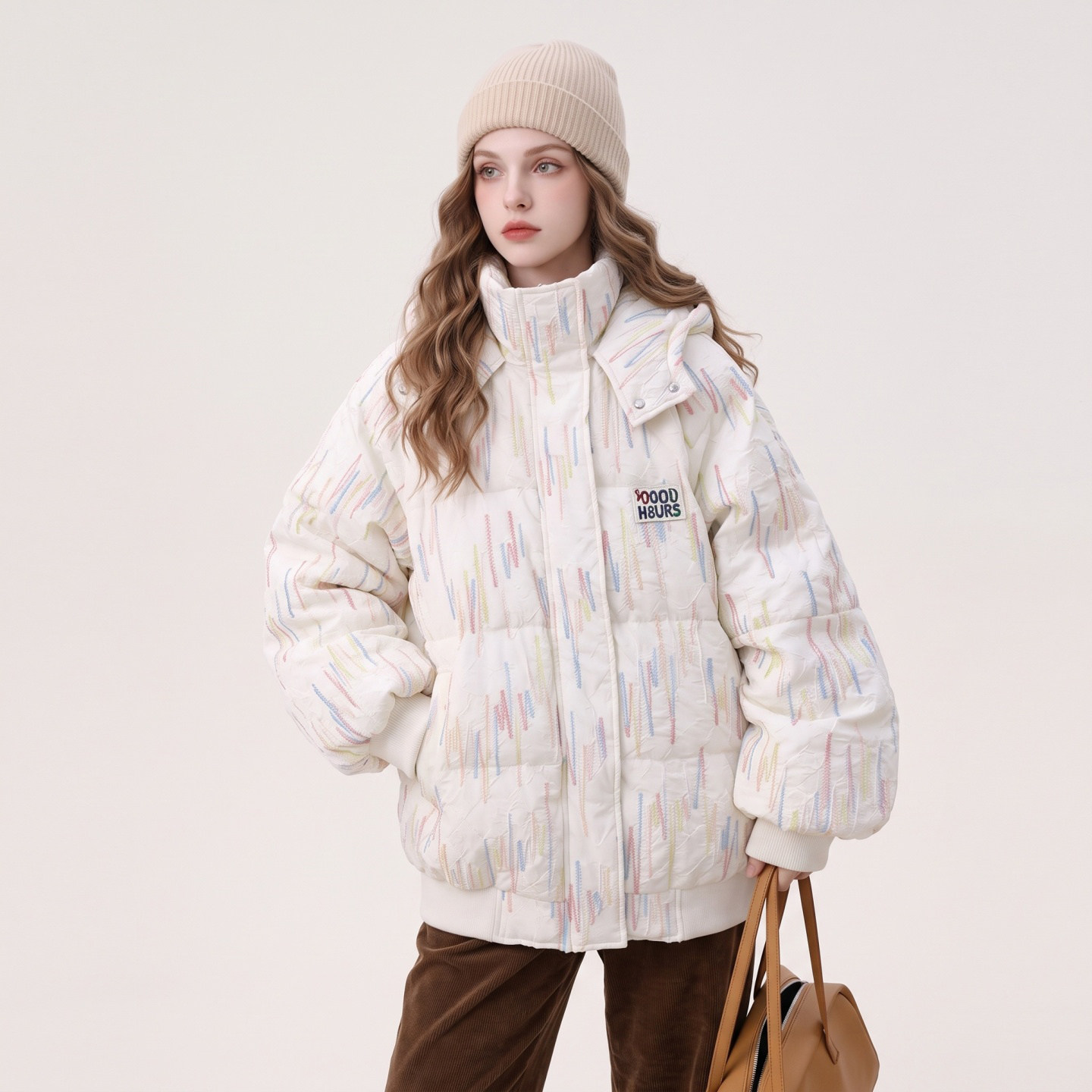 彩色条纹连帽羽绒服女短款冬季新款面包服小个子学院风减龄外套
