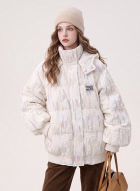 彩色条纹连帽羽绒服女短款