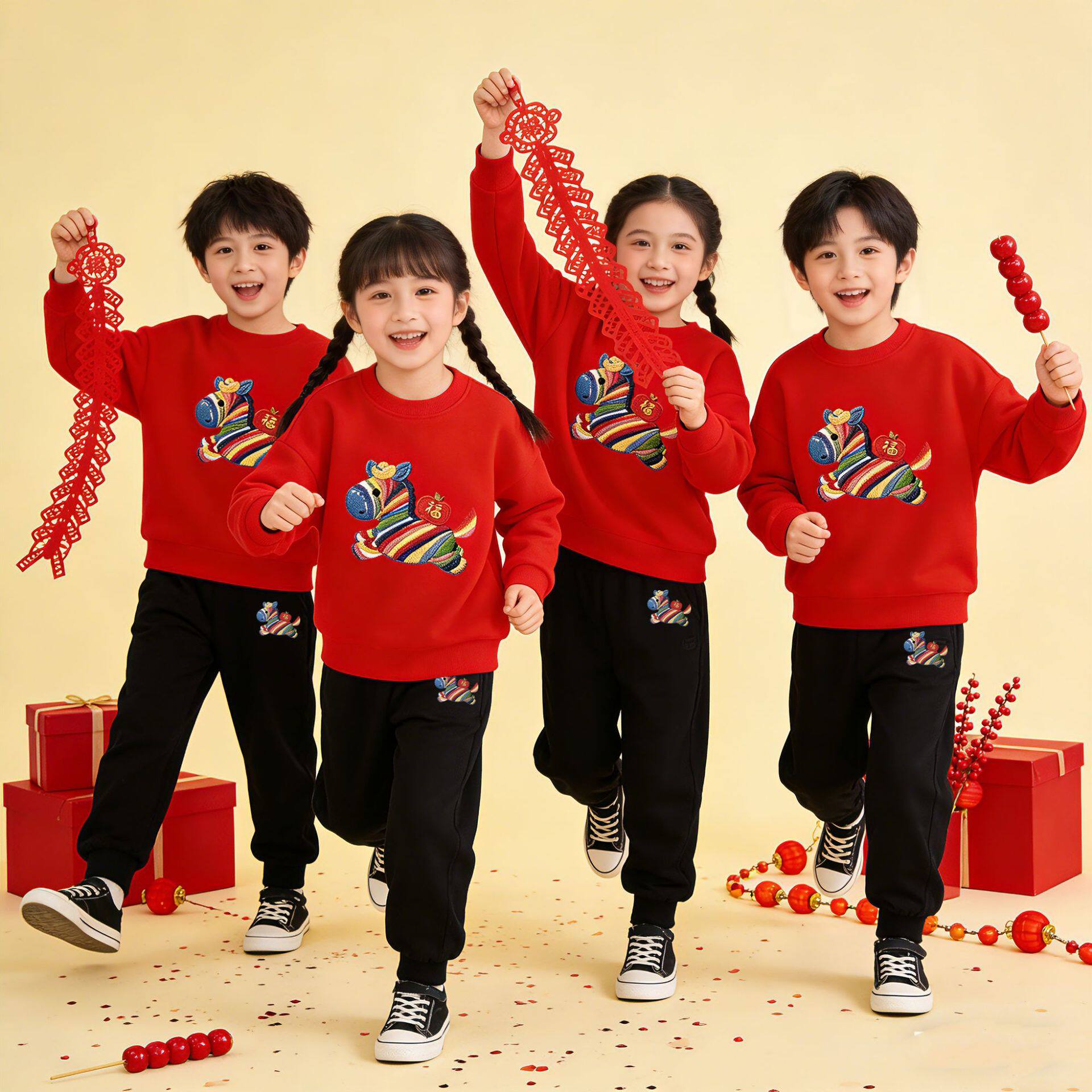 2026马年红色男童卫衣套装新年儿童女童拜年服秋冬加绒长裤两件套