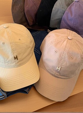 美式简约字母H刺绣棒球帽韩版潮女夏宽帽檐显脸小大头围鸭舌帽子