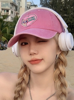 粉色爱心棒球帽子韩版女INS大头围显脸小鸭舌帽软顶水洗猫咪休闲
