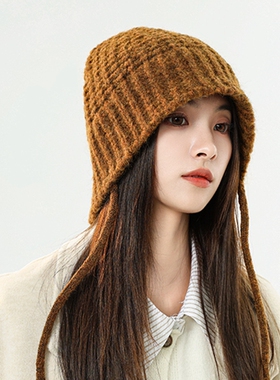 ins韩版秋冬季保暖针织毛线帽子美拉德风大头显脸小护耳帽潮辫子