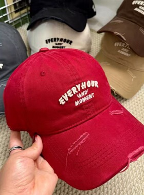 复古字母刺绣破洞棒球帽子男女韩版软顶百搭显脸小大头围鸭舌帽