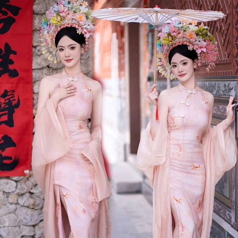 浔埔女簪花新中式写真服装复古粉色旗袍民族风外景旅拍摄影连衣裙