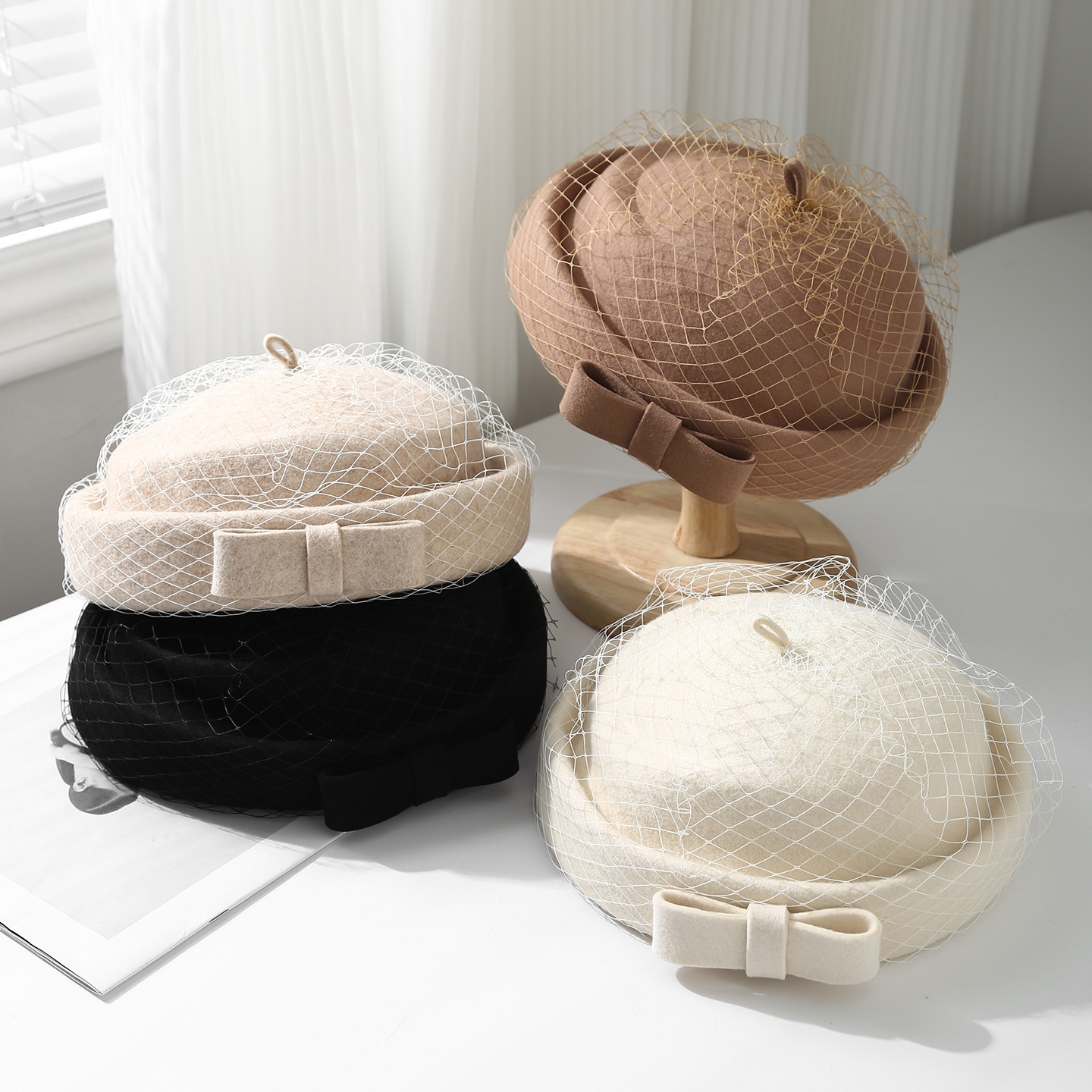法式高级蘑菇女帽子优雅贝雷帽秋冬羊毛礼帽网纱时尚逛街保暖百搭